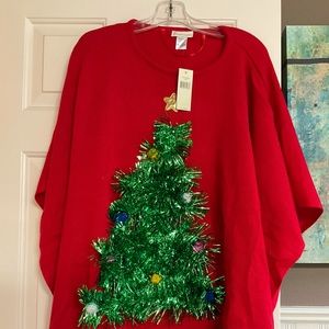NWT Christmas Tinsel Tree Red Poncho Sweater